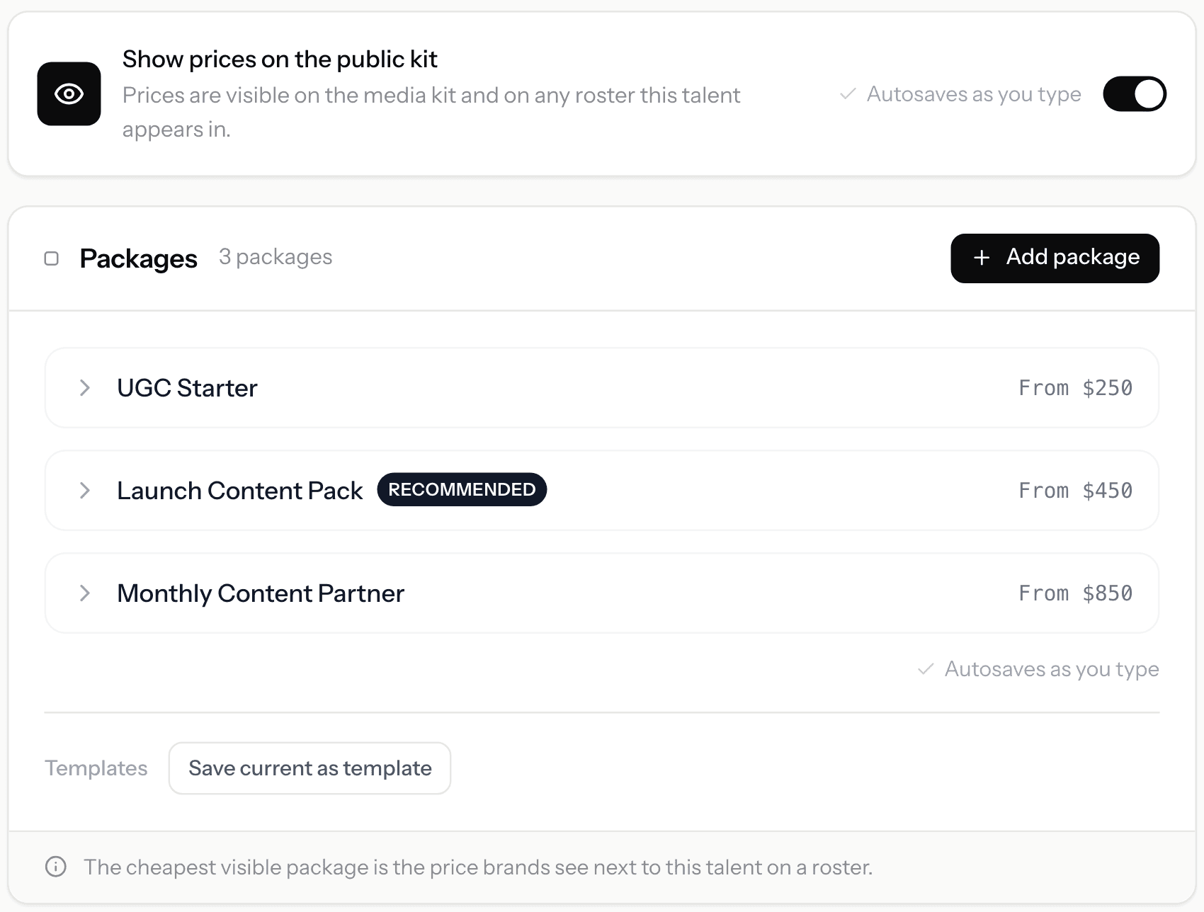 Maya's Rates tab: three packages with prices and a 'show prices on the public kit' switch
