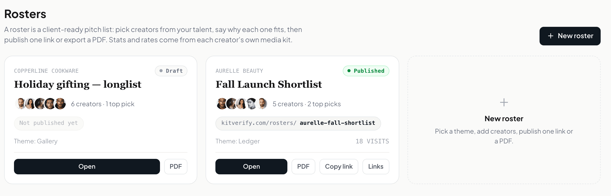 The Rosters list in KitVerify: a draft Holiday gifting longlist for Copperline Cookware beside a published Fall Launch Shortlist for Aurelle Beauty showing its public link, 18 visits, and Open, PDF, Copy link and Links actions