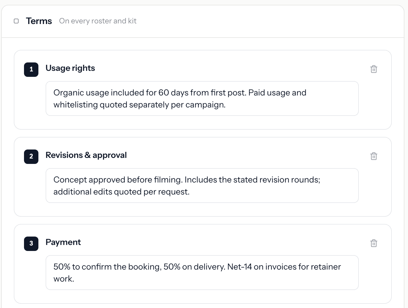 A talent's Terms tab in KitVerify, headed "On every roster and kit": numbered clauses for usage rights, revisions and approval, and payment